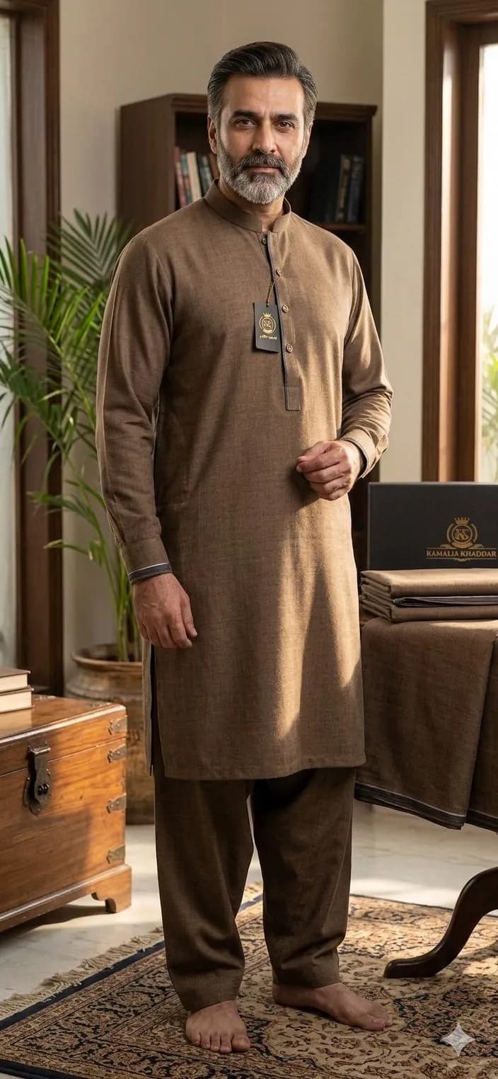 Men's Brown Kurta Pajama Set with Embroidered Details
