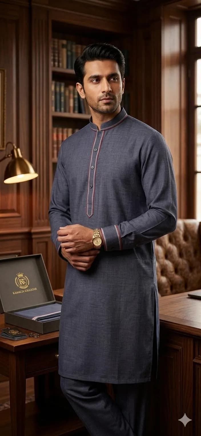 Men's Blue Embroidered Kurta with Embroidered Trouser Set