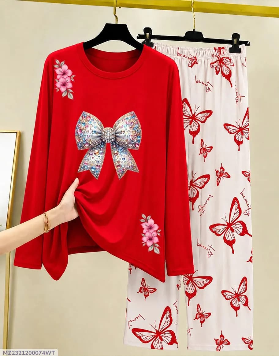 Women Red Butterfly Printed Night Suit 2Pc Cotton Jersey