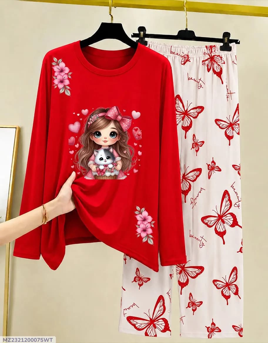 Red Printed Night Suit for Women Cotton Jersey 2-Piece