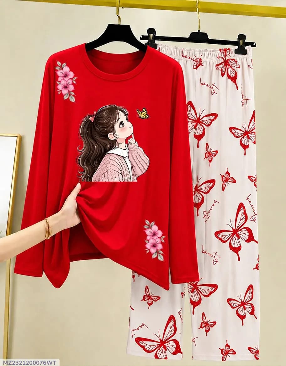 Women Red Printed Night Suit 2Pc Cotton Jersey