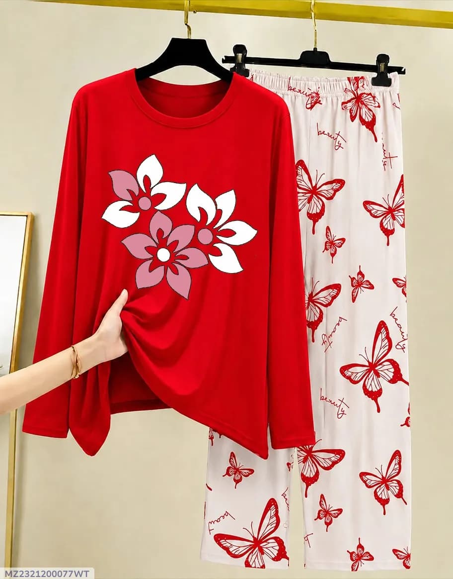Women Red Printed Night Suit Cotton Jersey 2-Piece Set