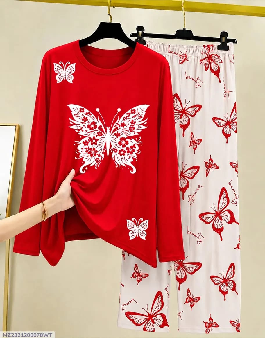Red Butterfly Printed Night Suit for Women 2Pc Cotton Jersey