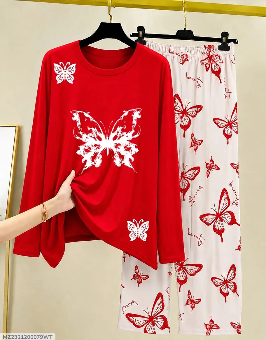 Women Red Butterfly Printed Night Suit 2-Piece Cotton Jersey
