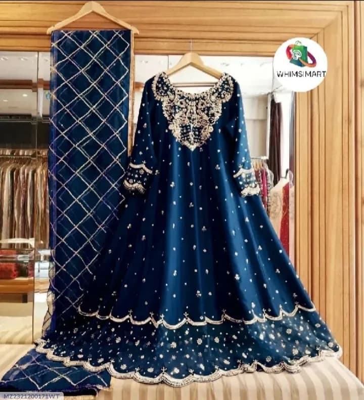 Blue Heavy Embroidered Shamose Silk Maxi Dress 3Pcs Party Wear