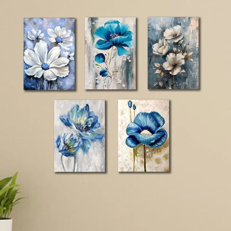 5-Piece Blue Floral Wall Art Set for Home Decor