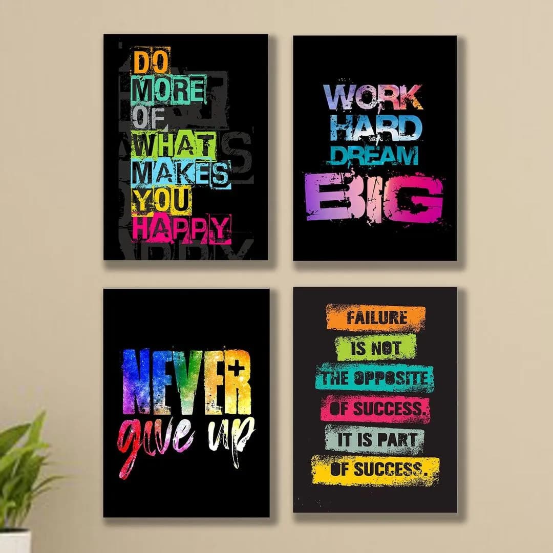 Motivational Wall Art Set of 4 Alphabets Black Background