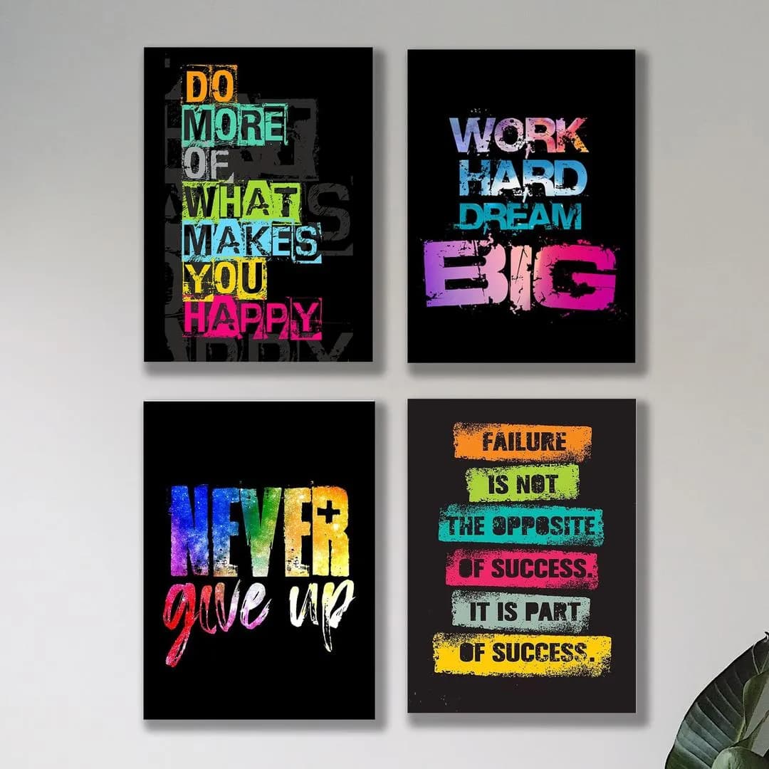 Motivational Wall Art Set of 4 Alphabets Black Background