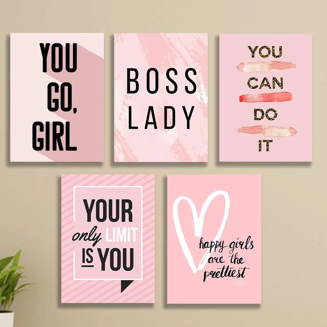 5-Piece Pink Motivational Wall Art Set for Home Office