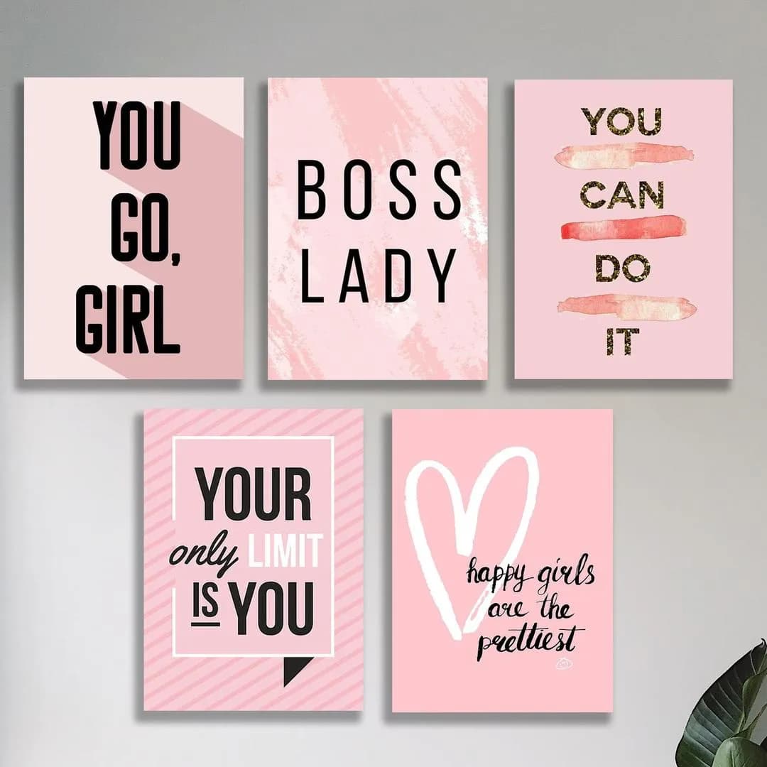 5-Piece Pink Motivational Wall Art Set for Home Office