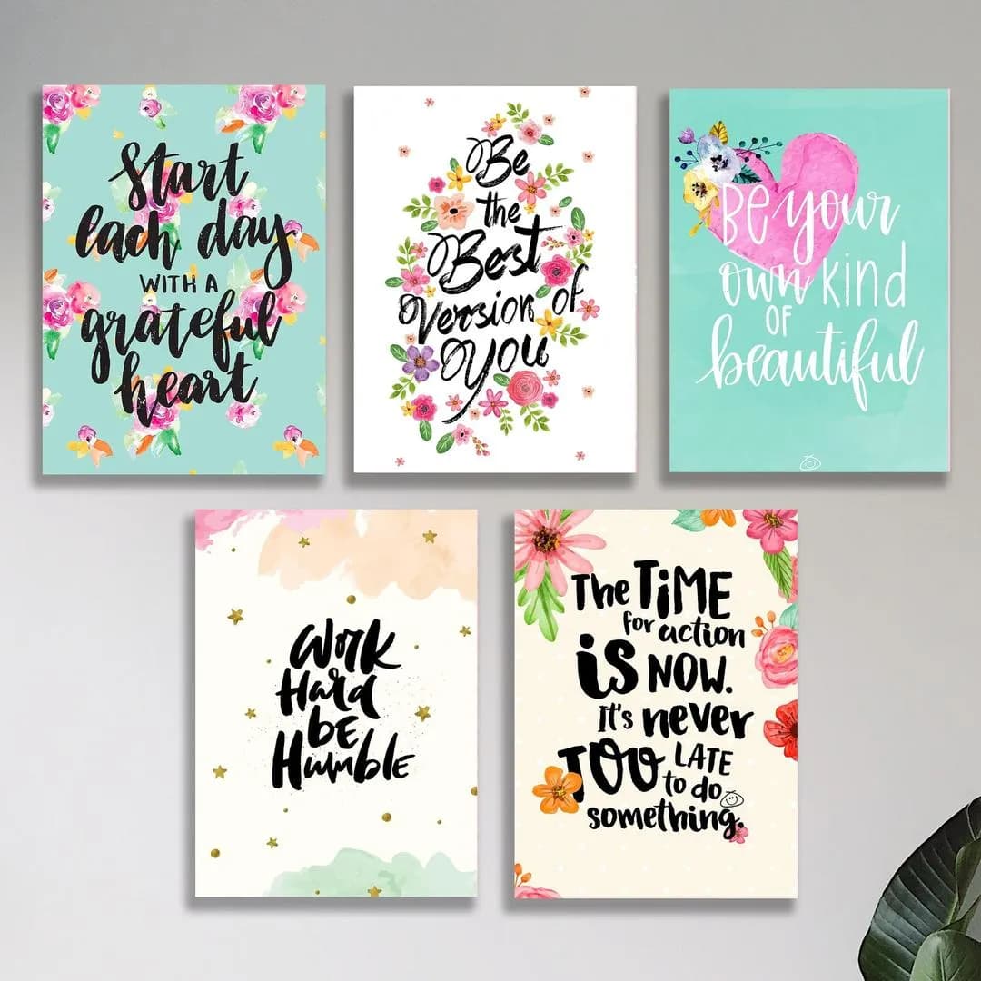 Motivational Floral Wall Art Set 5 Pcs MDF 8x11