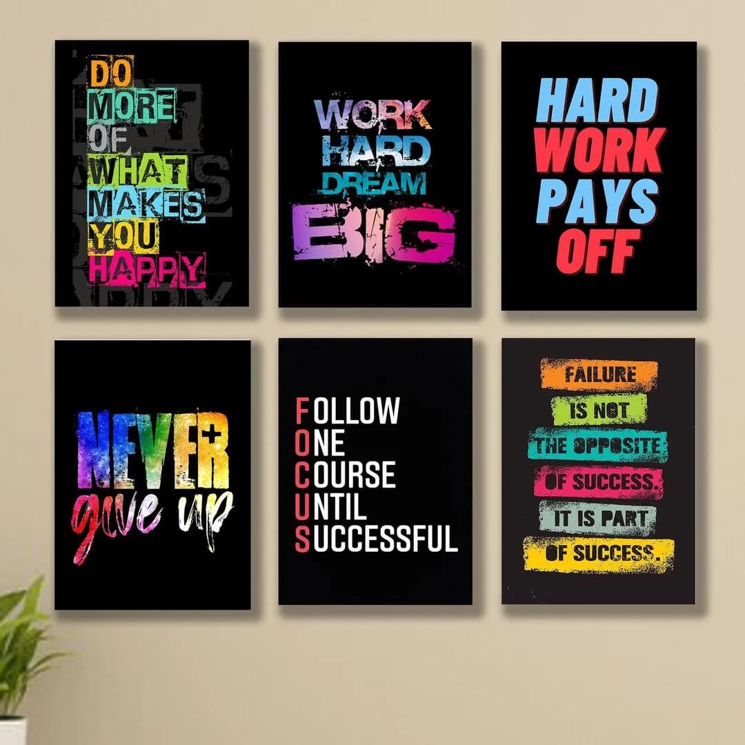 Motivational Wall Art Set of 6 MDF Tiles Black Background