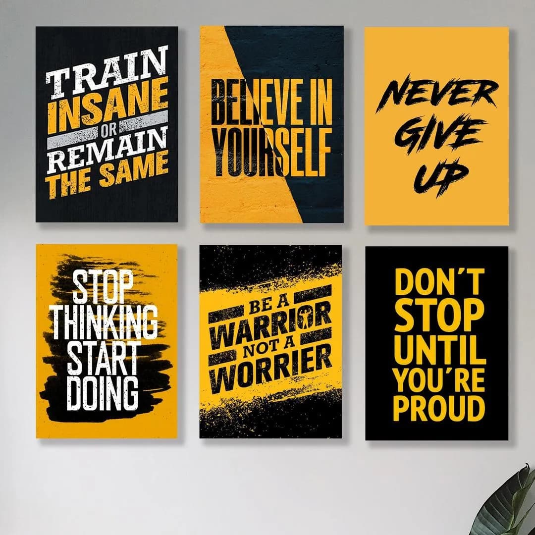 Motivational Wall Art Set 6 Pcs Black Yellow MDF