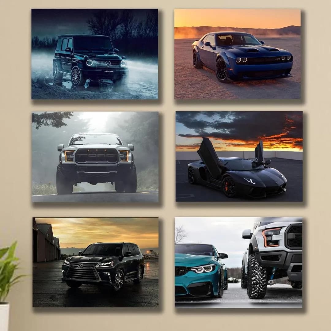 Set of 6 Cars Wall Art Frames for Home Office Decor