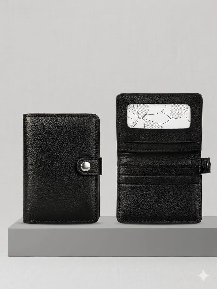 Classic Black Leather Card Holder Wallet with ID Window