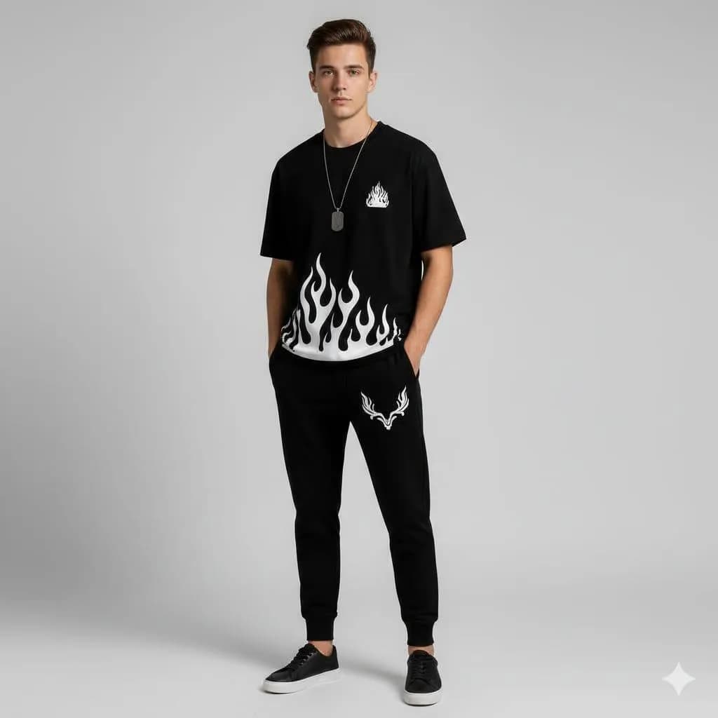 Men Black Flame Fox Head Track Suit Set Polyester 28-39"