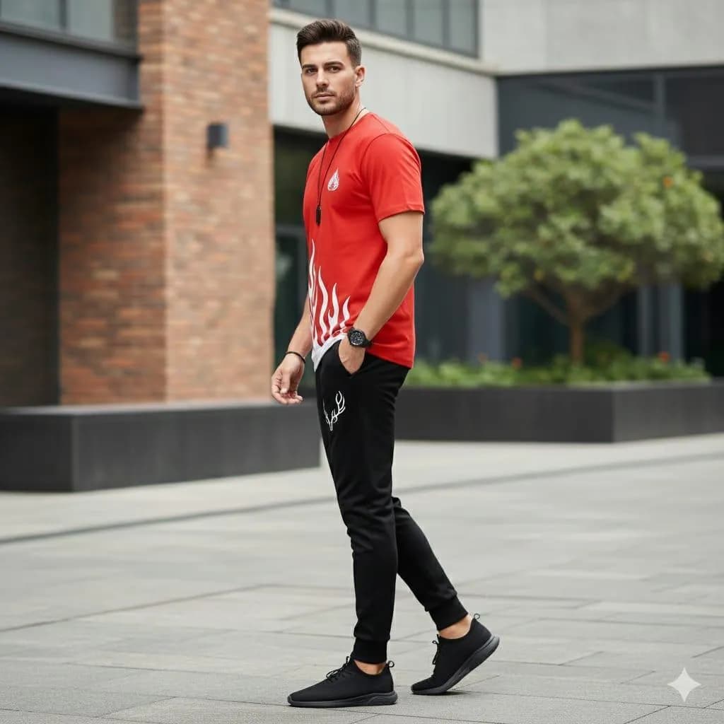 Men Flame Print Red Black Track Suit Summer 28"