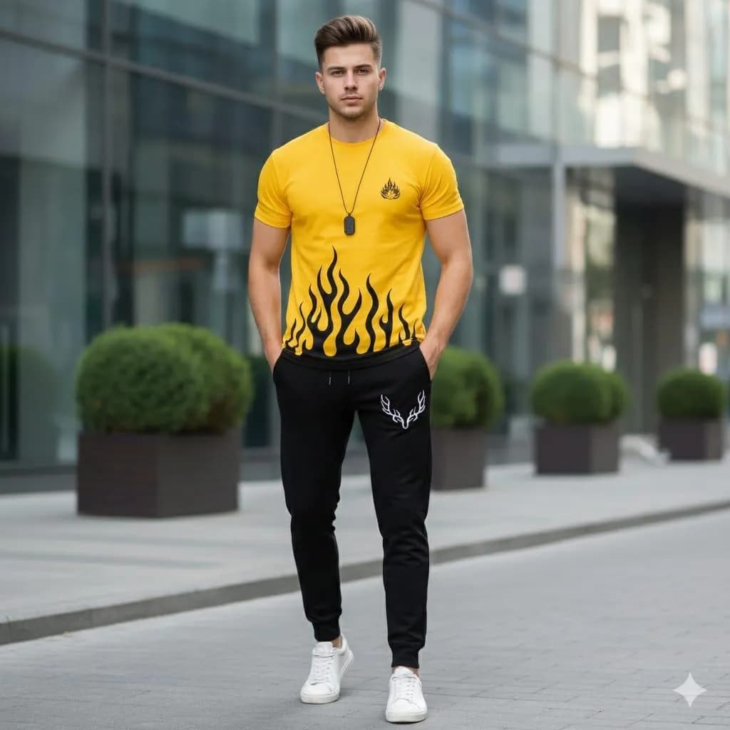 Men Flame Print Yellow Track Suit Black Joggers