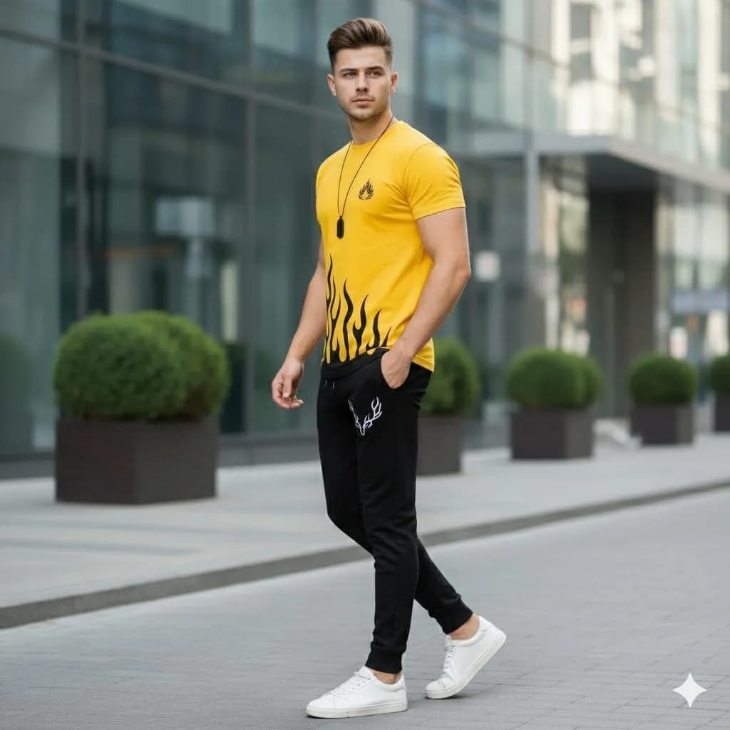 Men Flame Print Yellow Track Suit Black Joggers