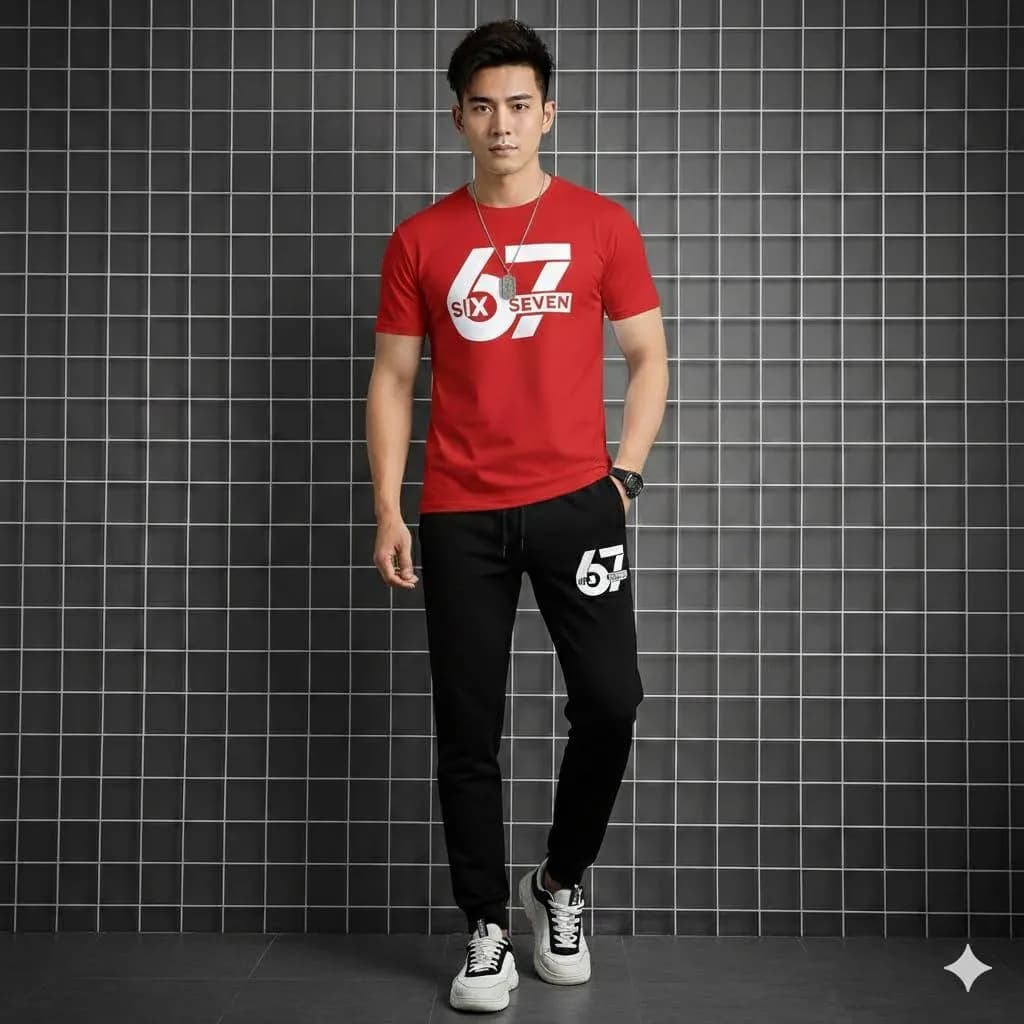 Men Red 67 Six Seven Track Suit Black Joggers Summer Wear