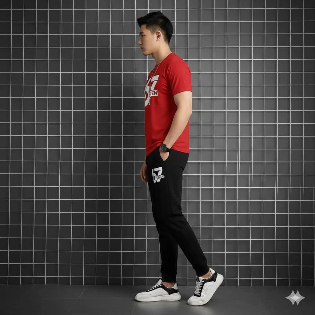 Men Red 67 Six Seven Track Suit Black Joggers Summer Wear