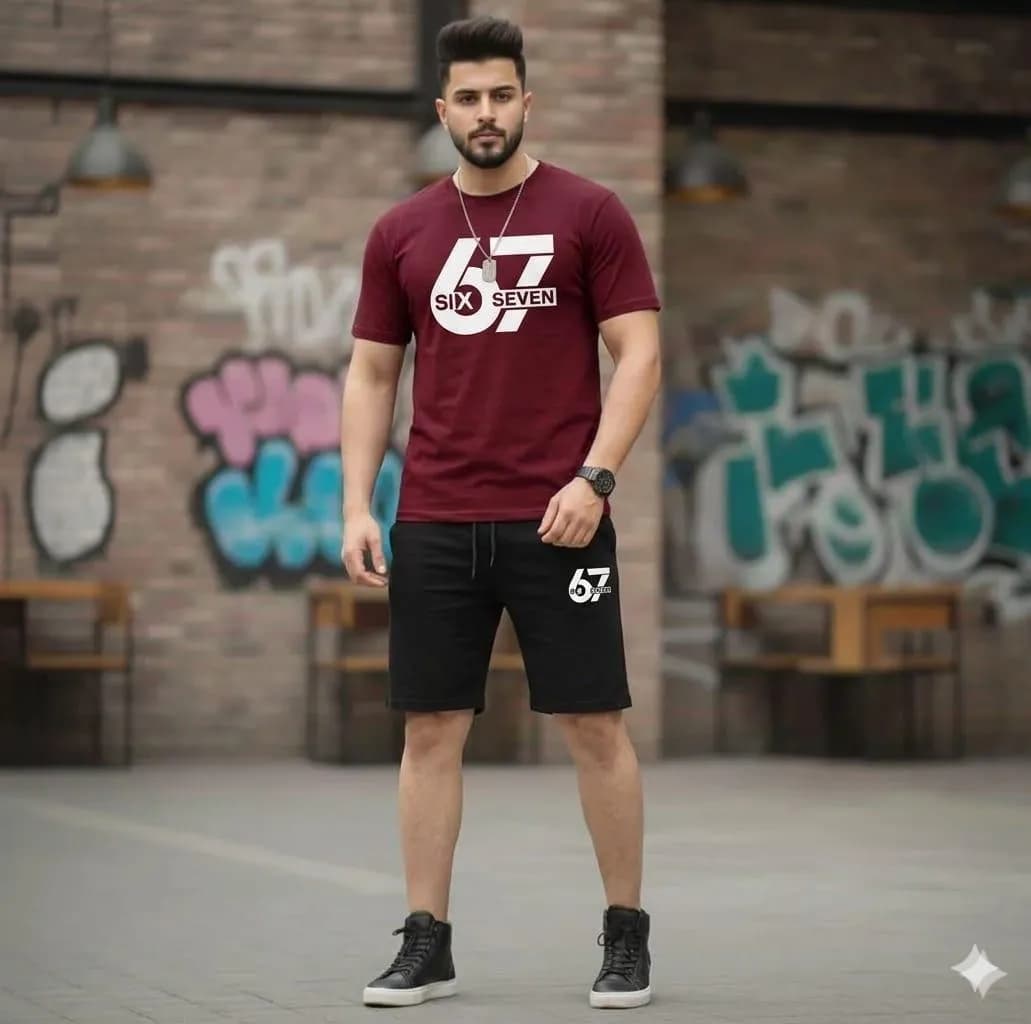 Men 2-Piece 67 Brand T-Shirt & Shorts Set Maroon Black