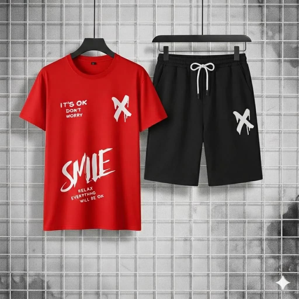2 Pcs Men's Polyester Printed T-Shirt & Shorts Tracksuit