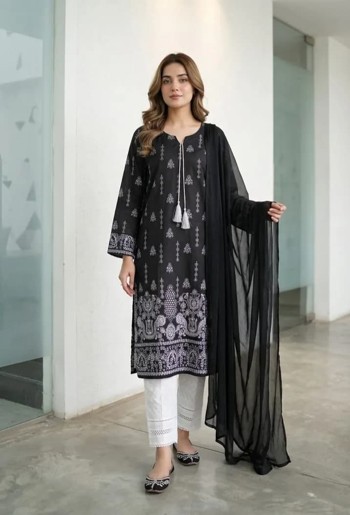 3Pcs Women's Stitched Arabic Lawn Block Printed Suit