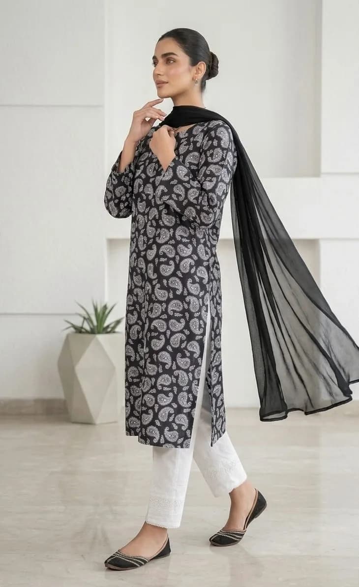 3Pcs Women's Stitched Arabic Lawn Block Printed Suit