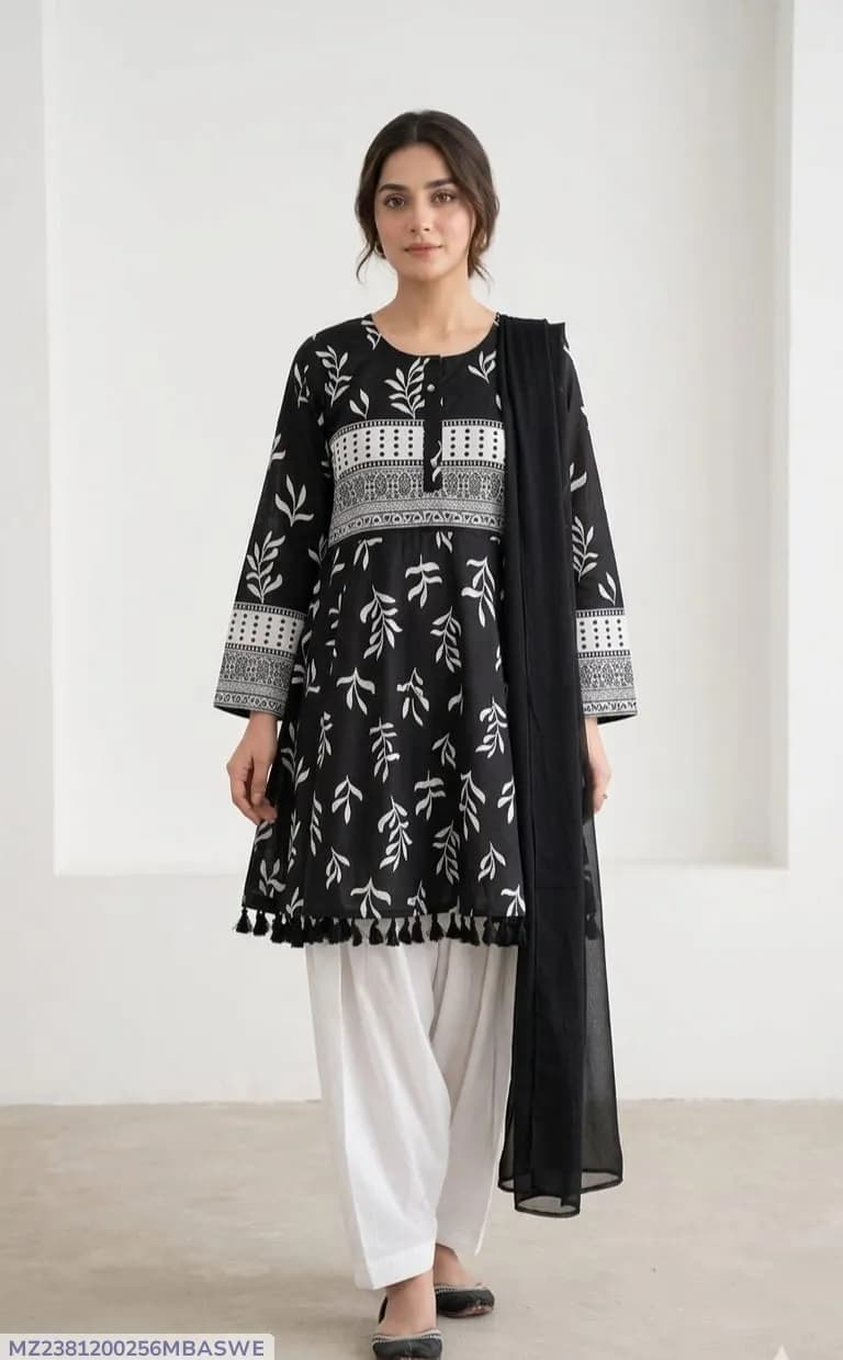 3Pcs Women's Stitched Lawn Digital Print Suit with Lace work short Frock and Shalwar