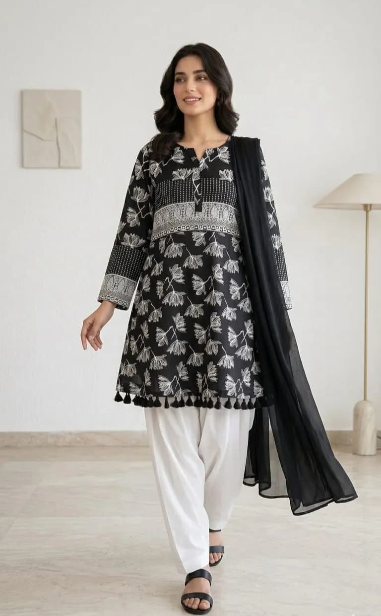 3Pcs Women's Stitched Lawn Digital Print Suit with Lace work short Frock and Shalwar