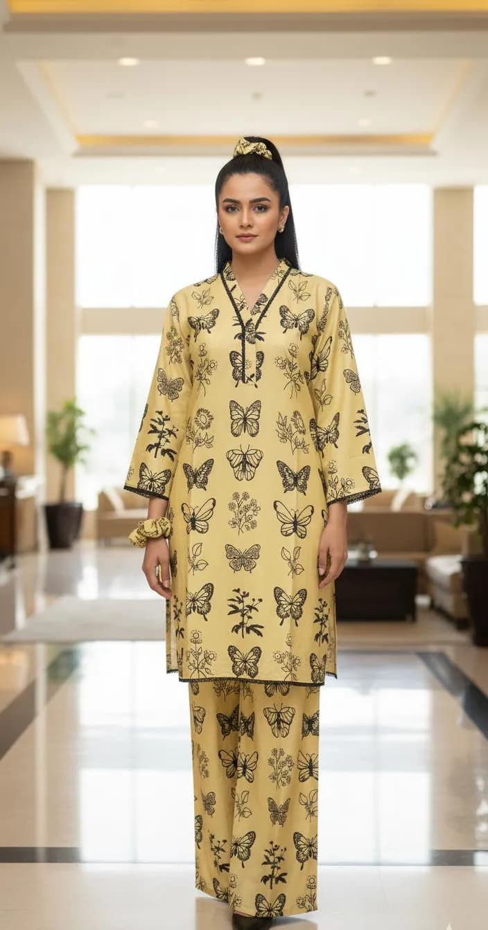 Beige Printed Linen 2-Piece V-Neck Shirt & Trouser Set
