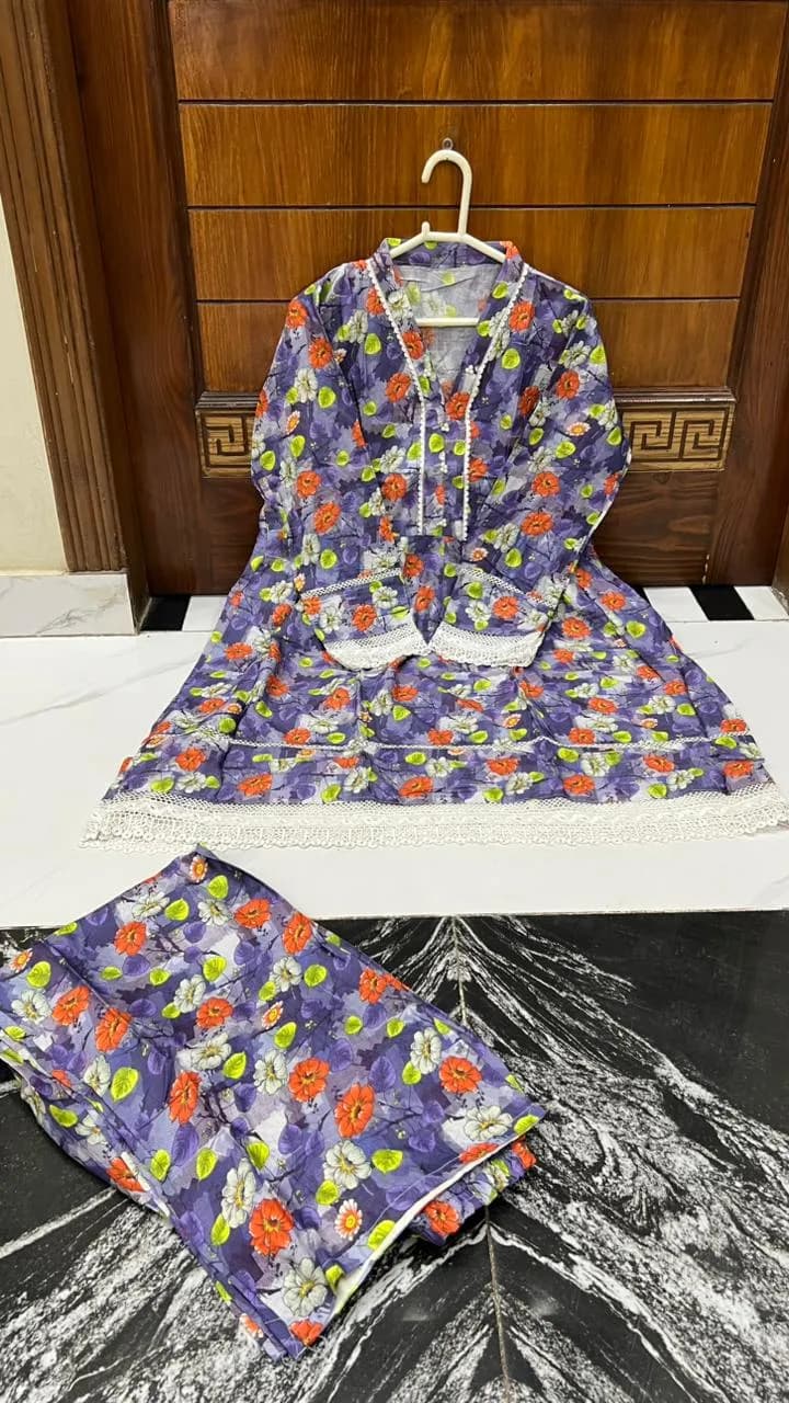 2Pcs Women's Stitched Lawn Digital Print Frock And Trouser with Milky Lace (Hajra)