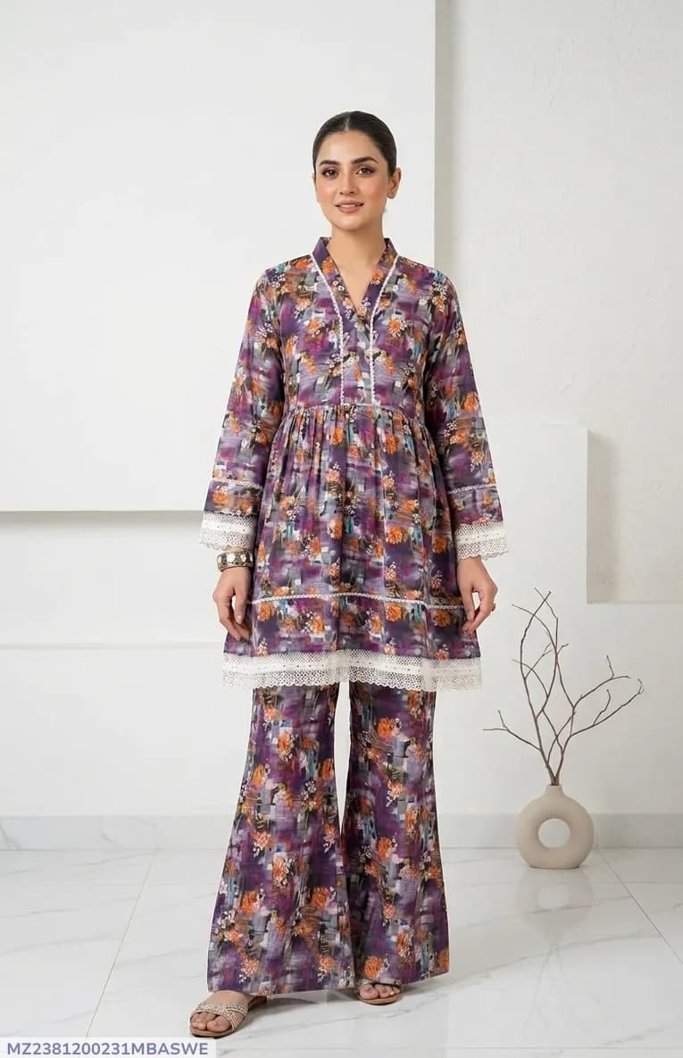 2Pcs Women's Stitched Lawn Digital Print Frock And Trouser with Milky Lace (Hajra)
