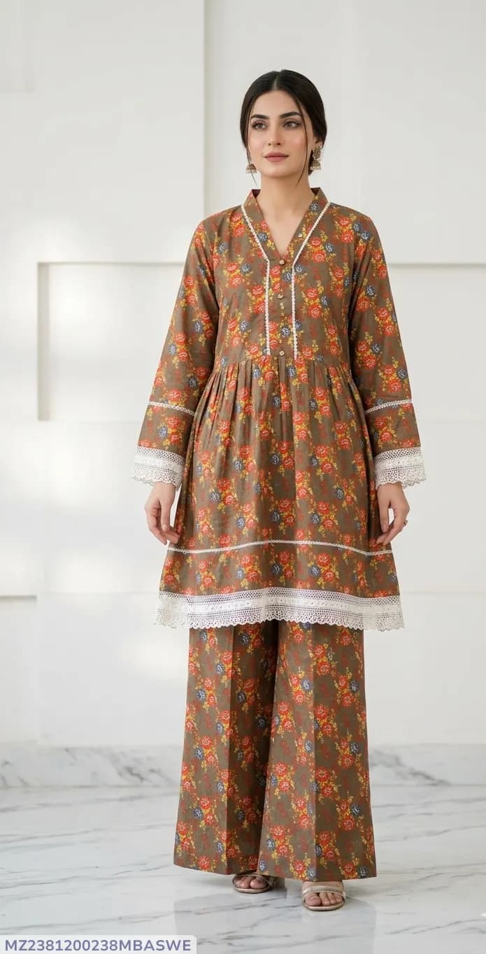 2Pcs Women's Stitched Lawn Digital Print Frock And Trouser with Milky Lace (Hajra)