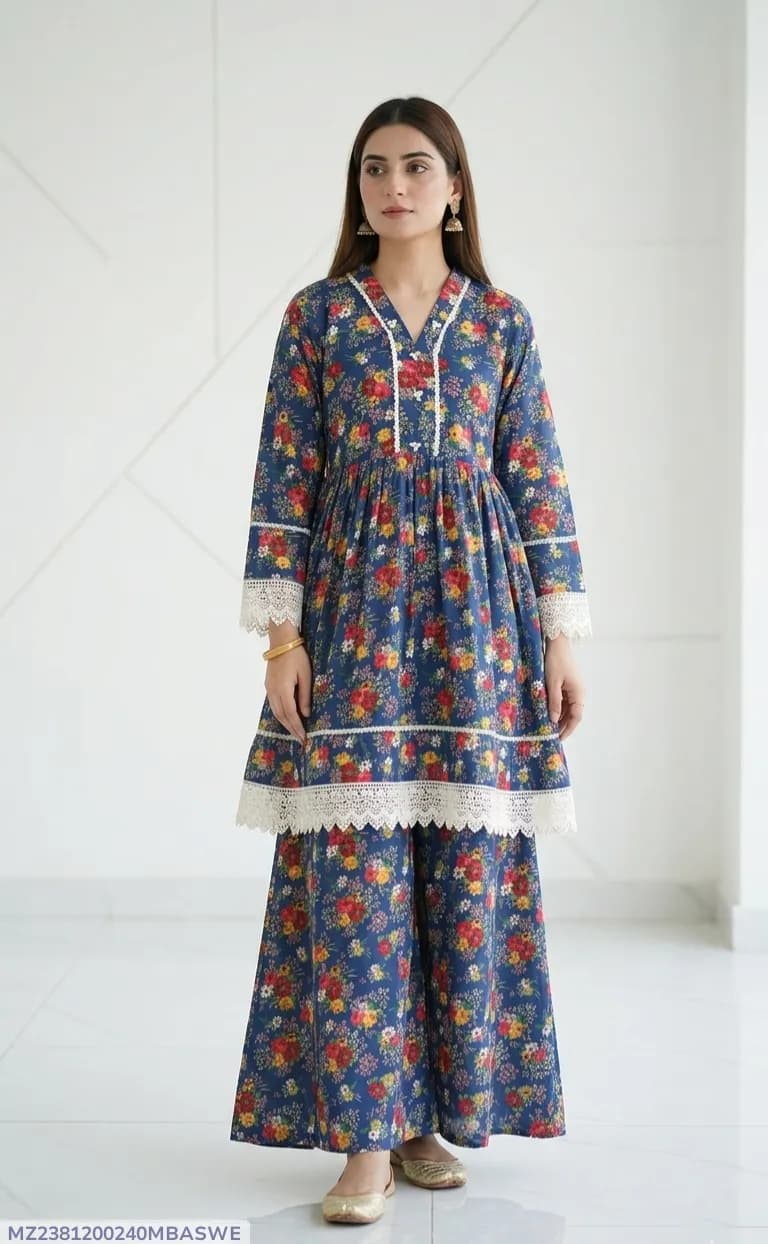 2Pcs Women's Stitched Lawn Digital Print Frock And Trouser with Milky Lace (Hajra sh)