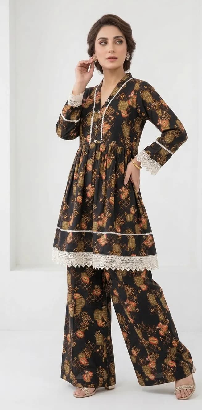 2Pcs Women's Stitched Lawn Digital Print Frock And Trouser with Milky Lace (Hajra sh)