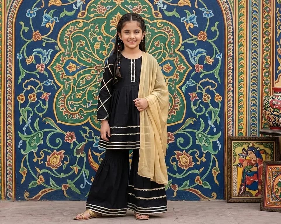 Girls Black Embroidered Kurta Pajama Set with Beige Shawl