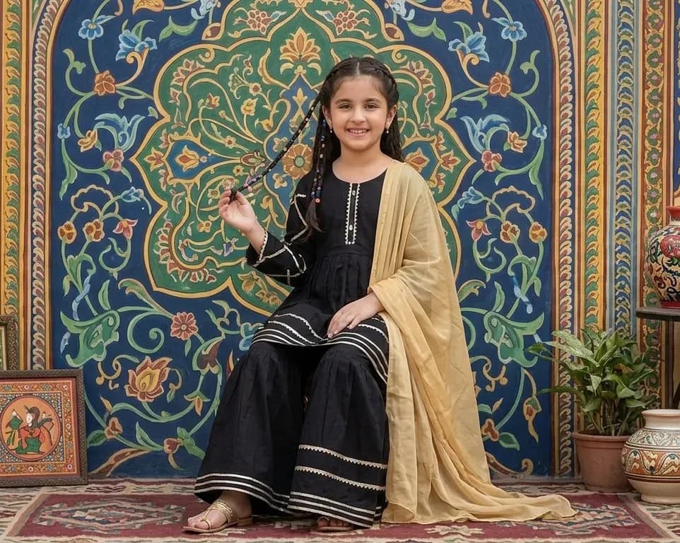 Girls Black Embroidered Kurta Pajama Set with Beige Shawl