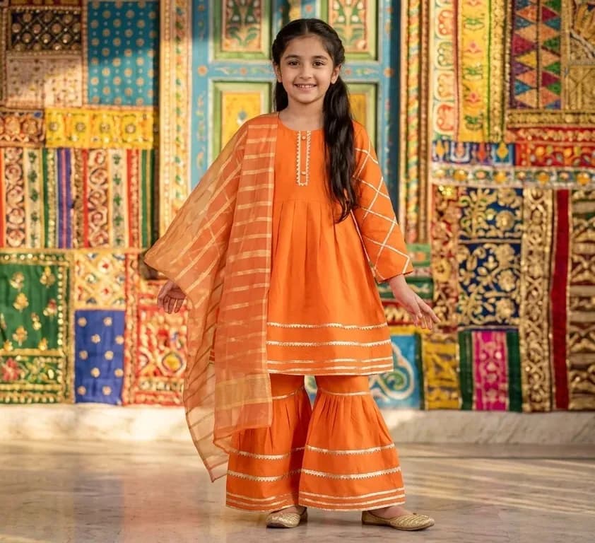 Orange Printed Kurta Pajama Set for Girls