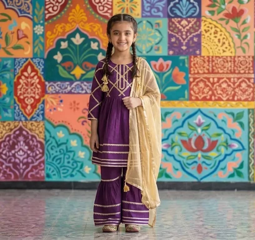 Girls Magenta Embroidered Lawn Kurta Set 3 Pcs