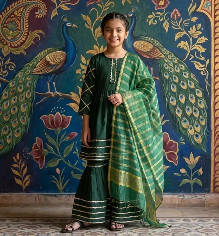 Girls Green Embroidered 3Pcs Lawn Suit Set