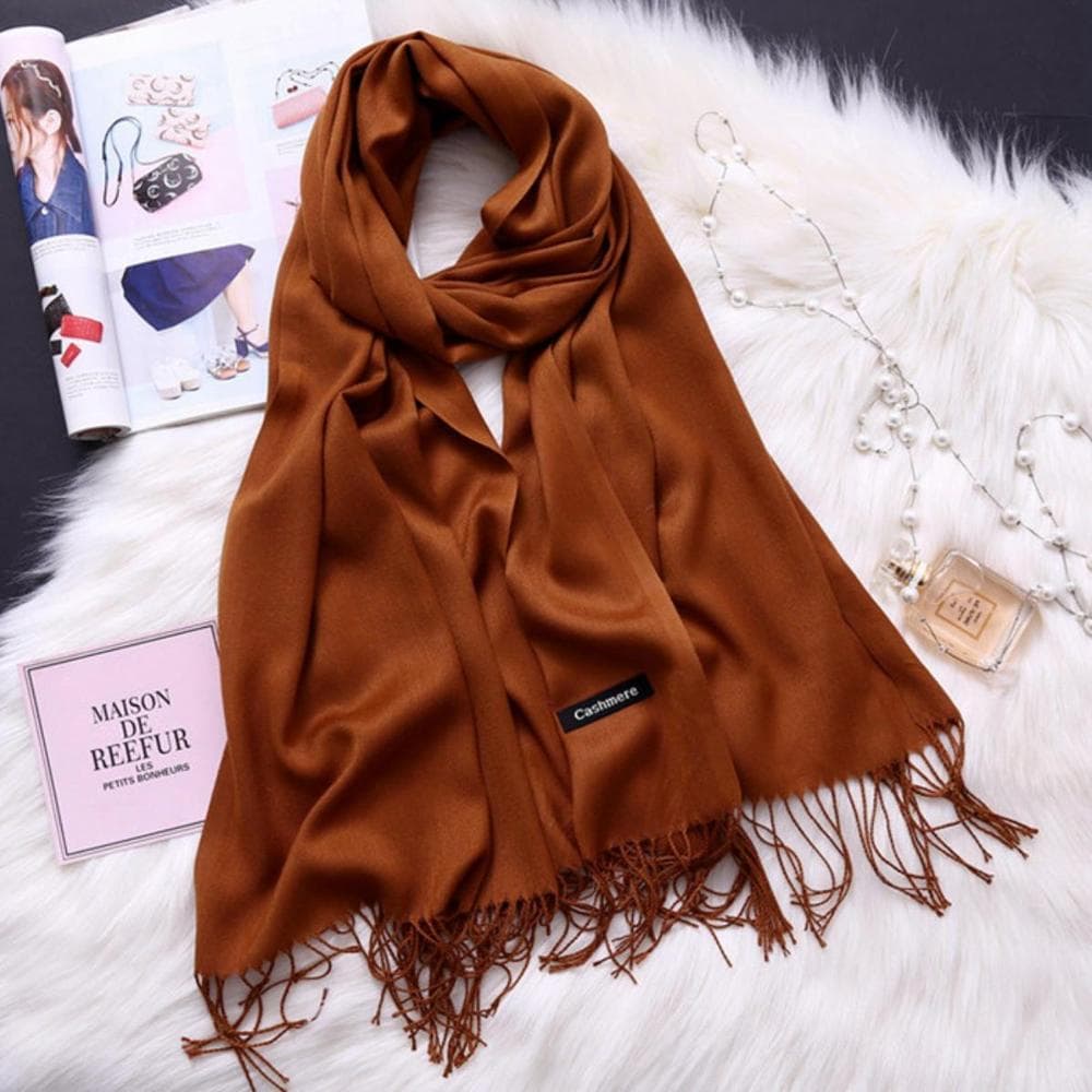 Women's Cashmere Wool Shawl Brown Fringe Winter Warm