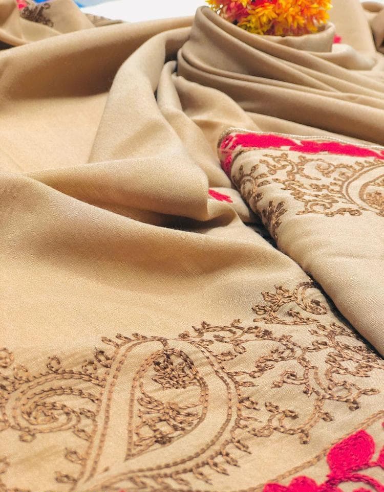 Women's Swiss Lawn Embroidered Shawl Beige with Red Floral Design