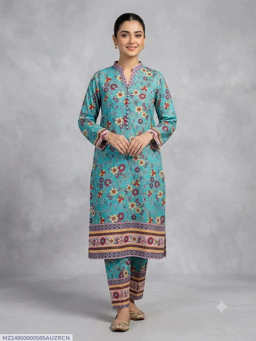2 Pcs Women's Stitched Cotton Printed Shirt And Trouser
