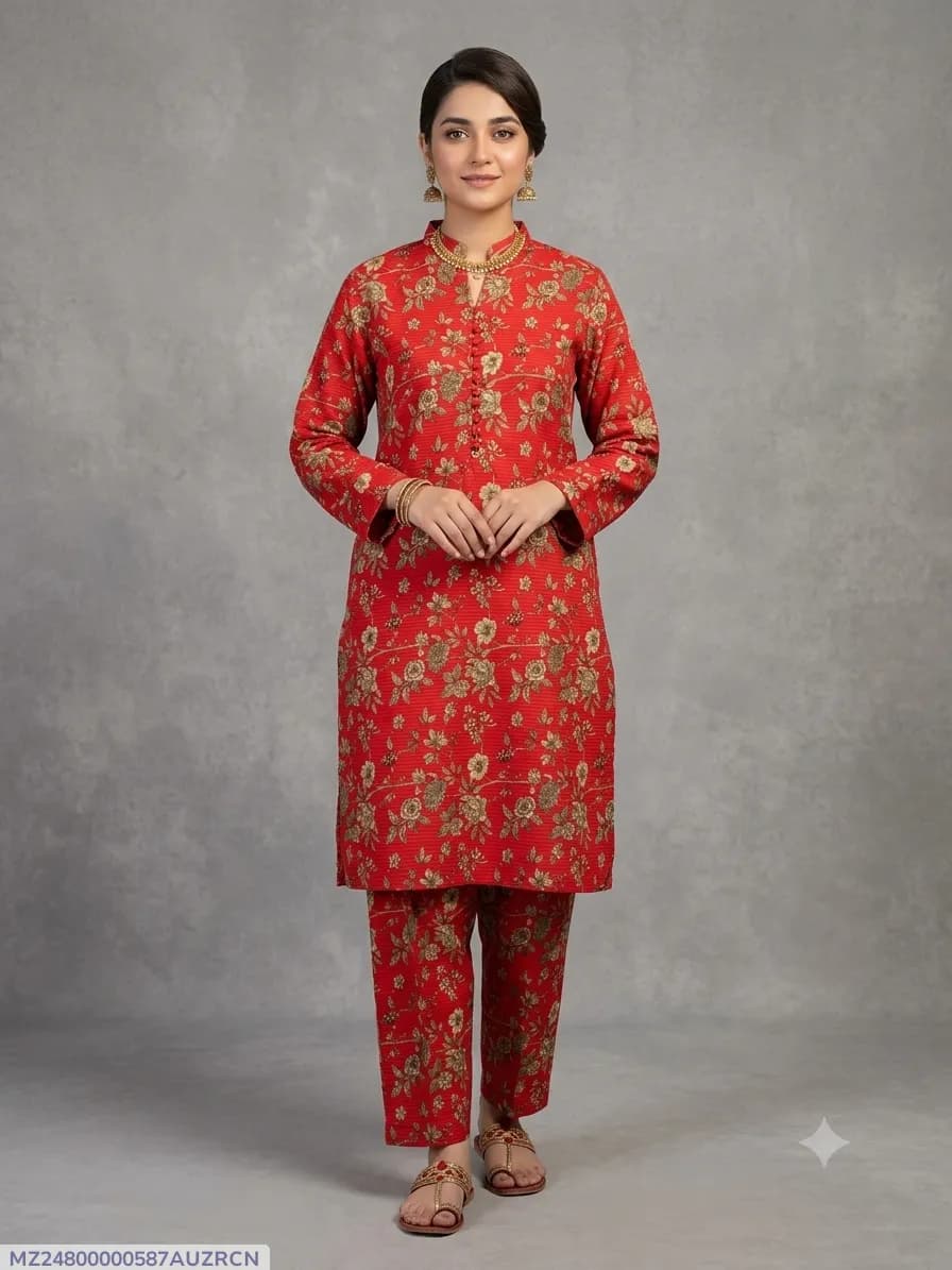 2 Pcs Women's Stitched Cotton Printed Shirt And Trouser