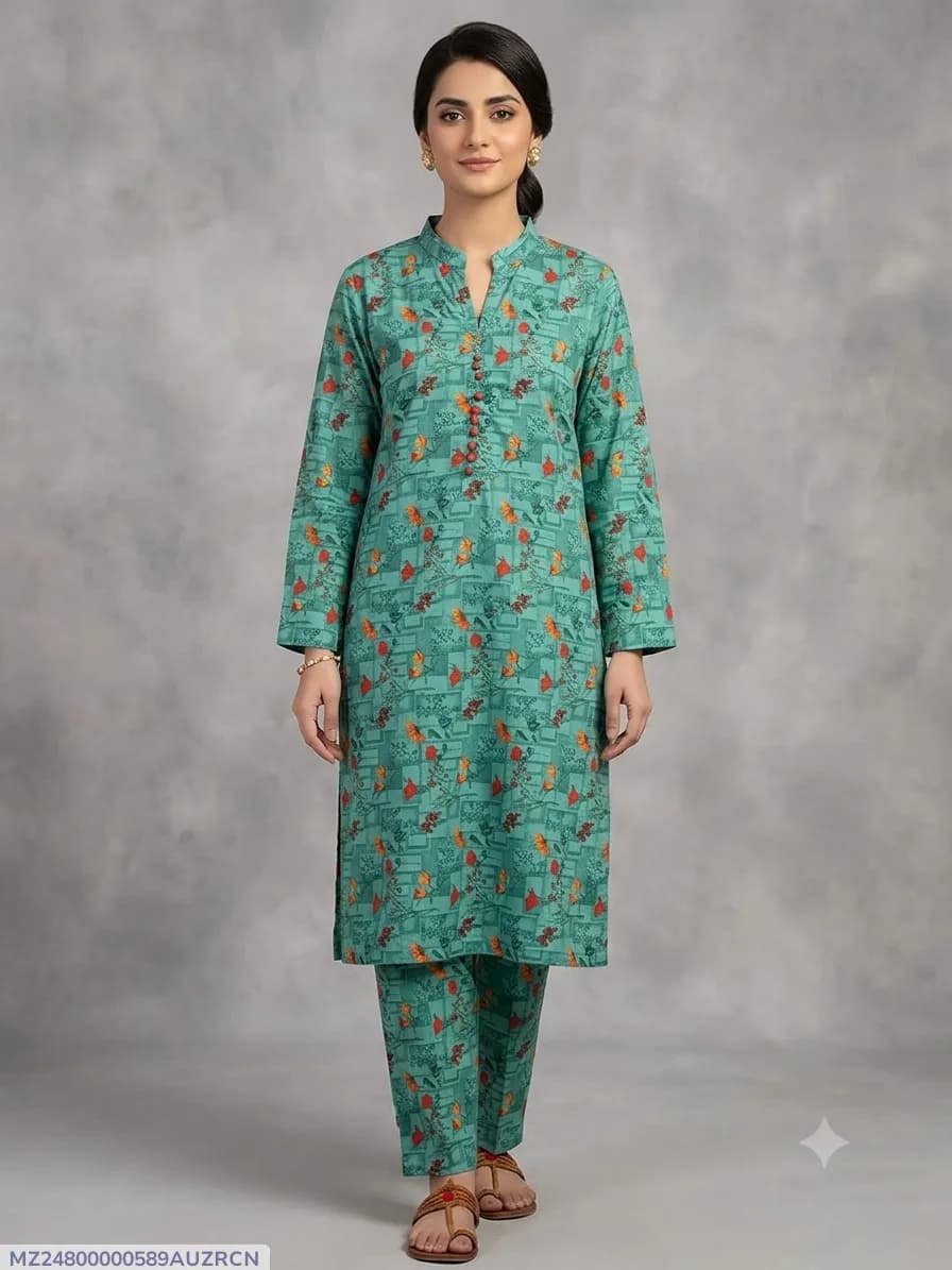 2 Pcs Women's Stitched Cotton Printed Shirt And Trouser