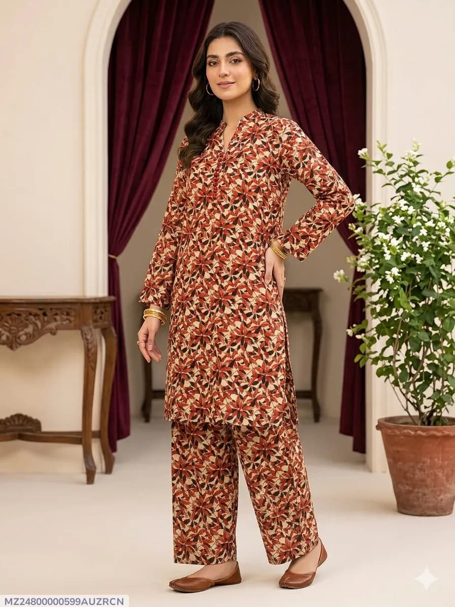 2 Pcs Women's Stitched Cotton Printed Shirt And Trouser