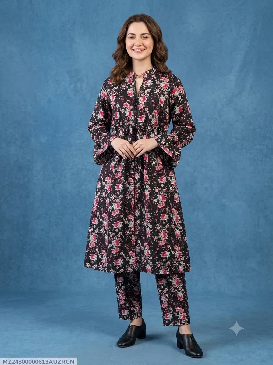2 Pcs Women's Stitched poly Cotton Printed Frock And Trouser