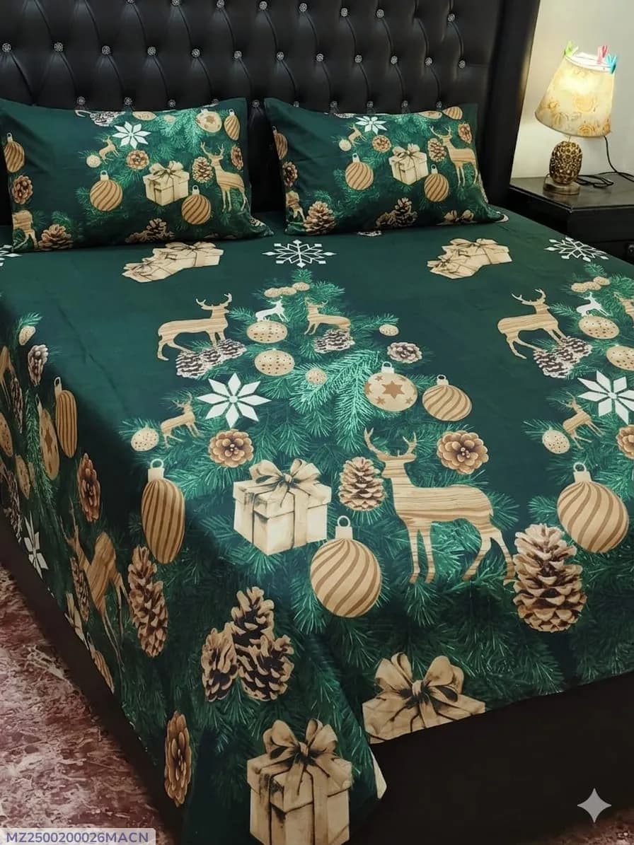 Green Printed Cotton Bedsheet Set for Double Bed